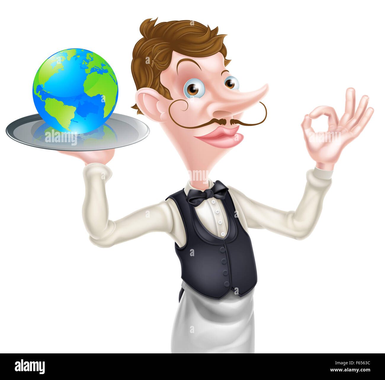 World food concept of a posh looking waiter holding a world globe and doing a perfect sign Stock Photo