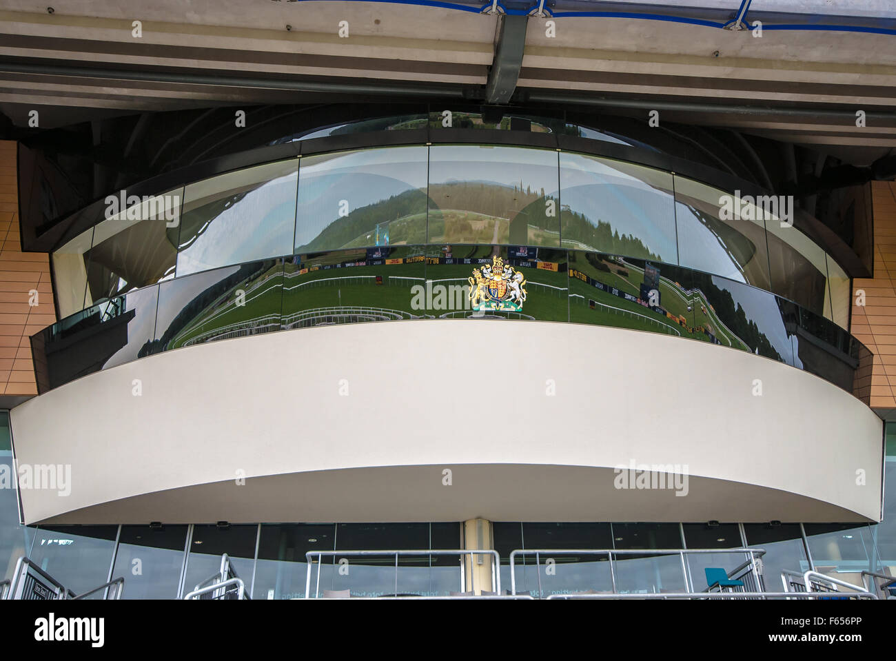 Royal Box at Ascot Racecourse, a British racecourse, located in Ascot, Berkshire, England, which is used for thoroughbred horse racing. Grandstand Stock Photo