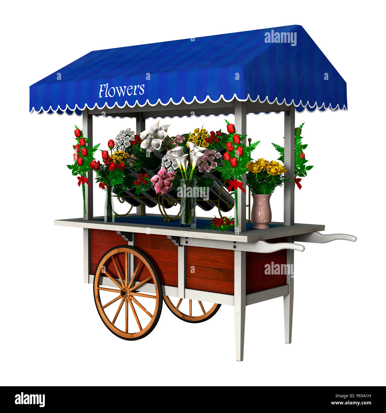 3D digital render of a retro flower cart isolated on white background