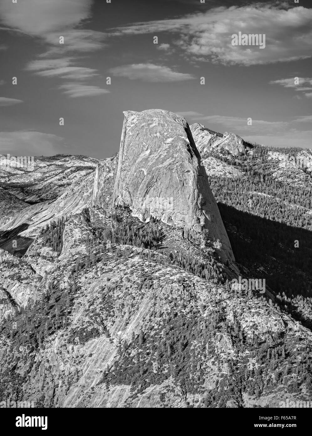 Black and white Half Dome rock formation, famous rock climbers destination, Yosemite National Park, USA. Stock Photo