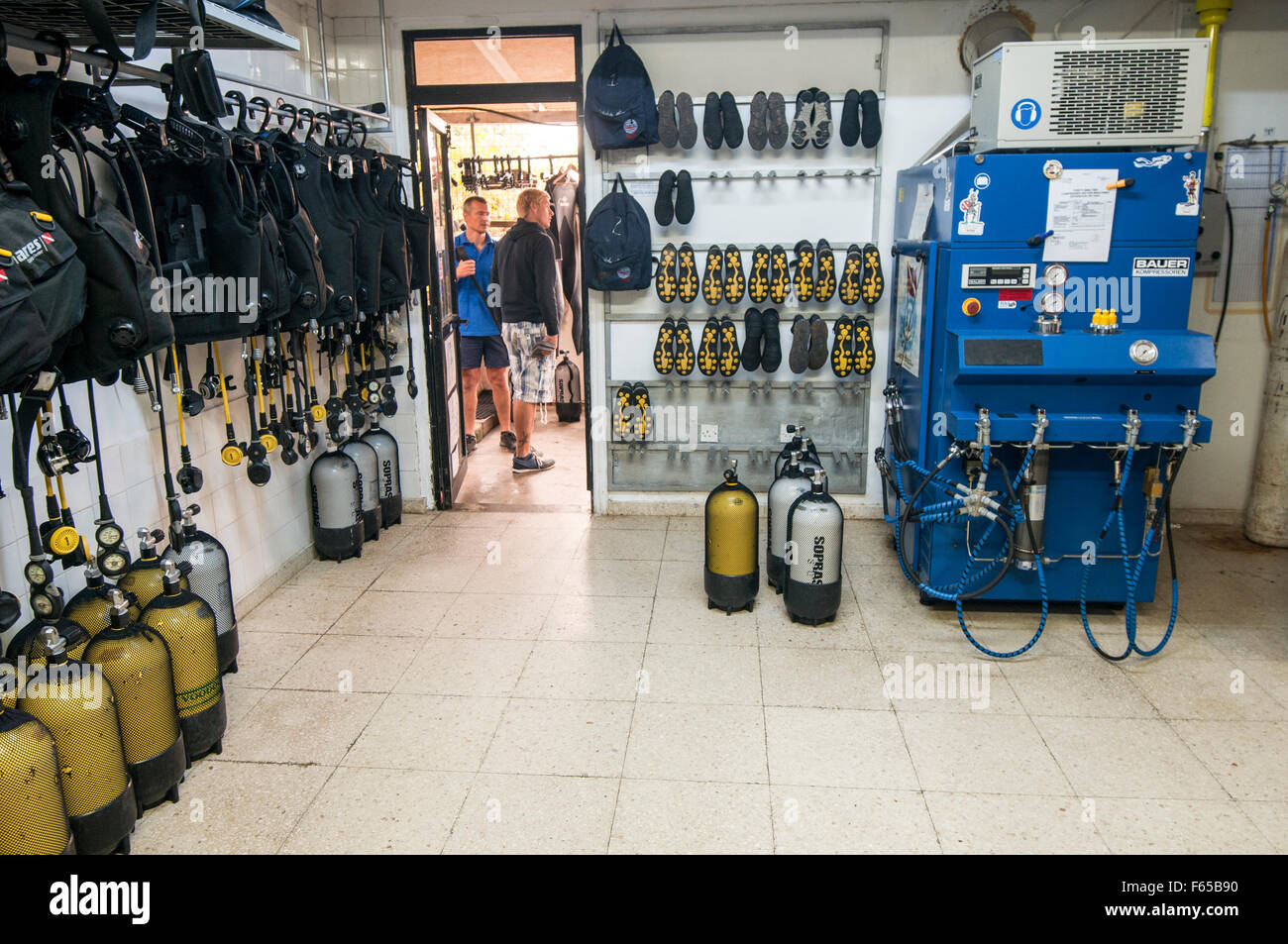 A SCUBA diving club in Larnaca, Cyprus the diving equipment storage room Stock Photo