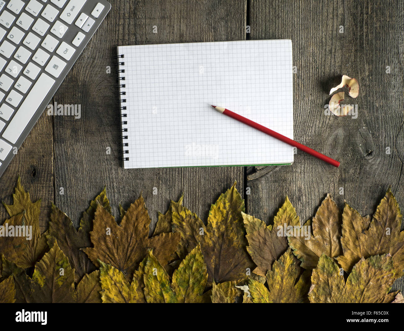 Nov. 8, 2015 Maple leaves, PC keyboard and paper spiral notebooks on