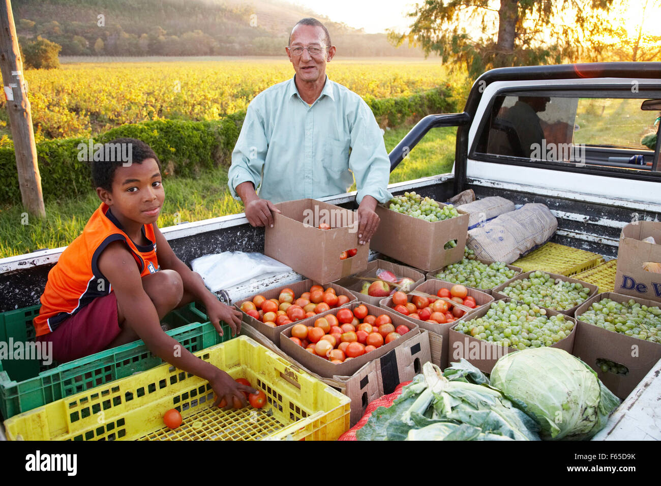 Vendor selling fruits and vegetables kept in crates in pickup car, South Africa Stock Photo Alamy