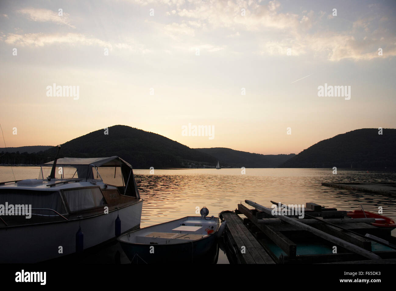 View of harbour in National park Kellerwald-Edersee at sunset, Hesse, Germany Stock Photo