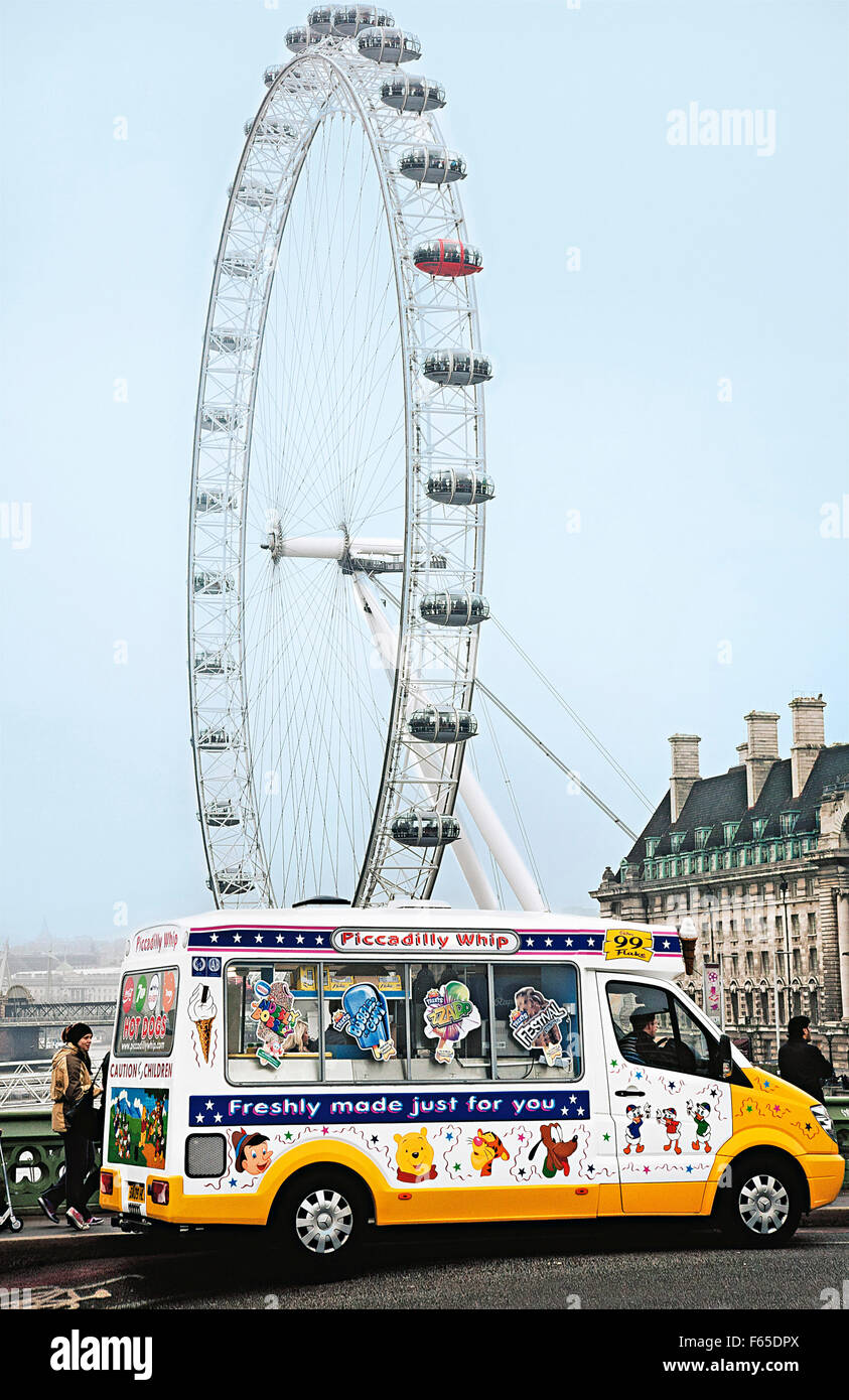 Mini bus in front of London Eye, London Stock Photo