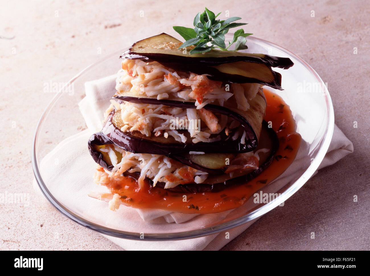 Eggplant and crab mille-feuille Stock Photo - Alamy