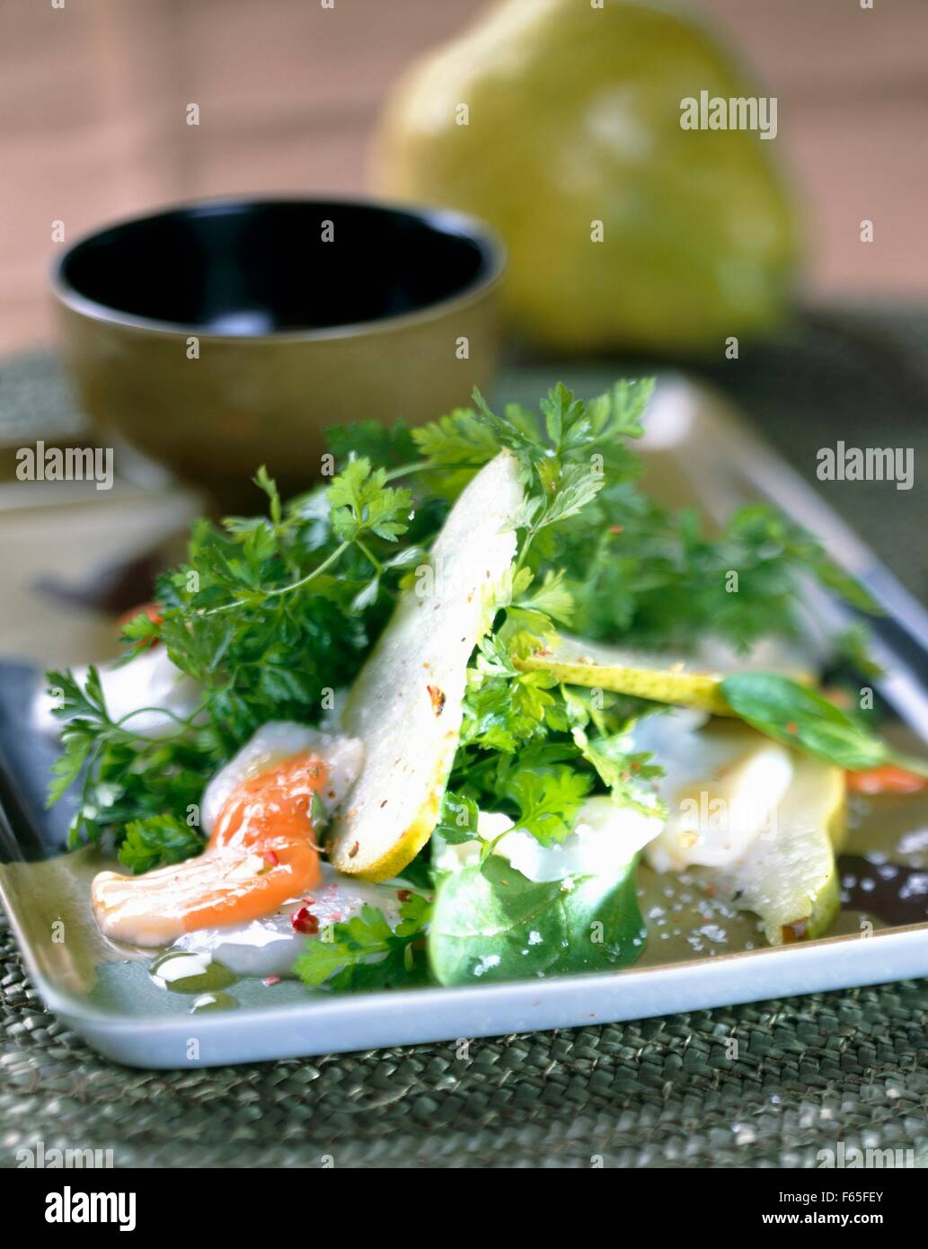 Pear and scallop Carpaccio Stock Photo