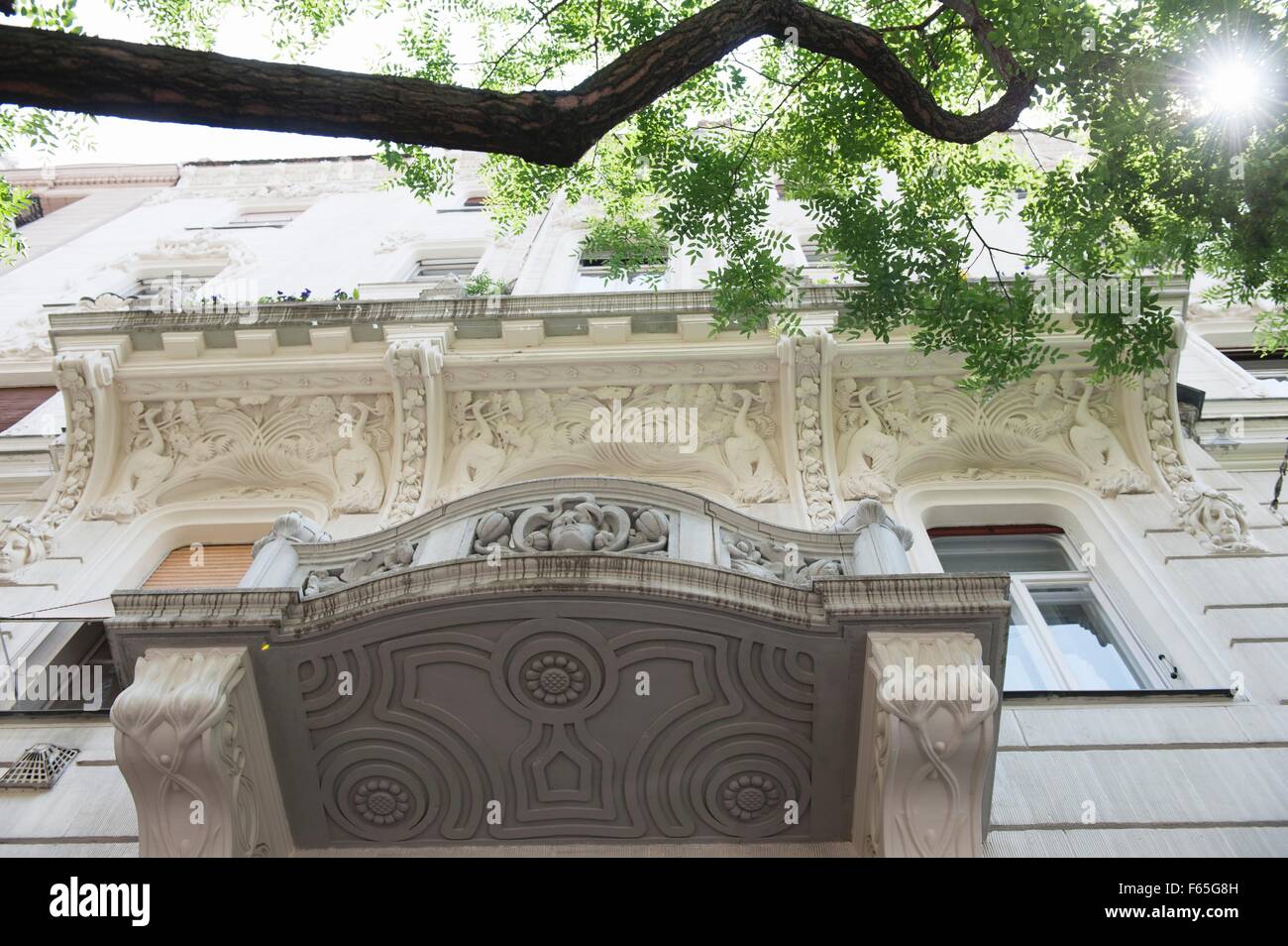 The Walkó House in Budapest – white, art nouveau building with animal reliefs on the façade Stock Photo