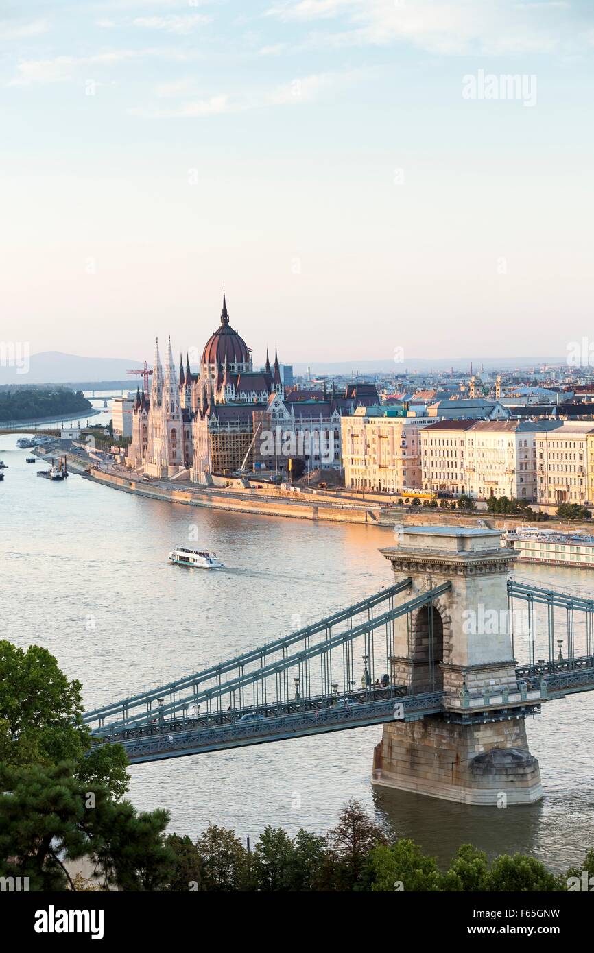 A view from Buda Castle of the Danube with the Chain Bridge and the ...