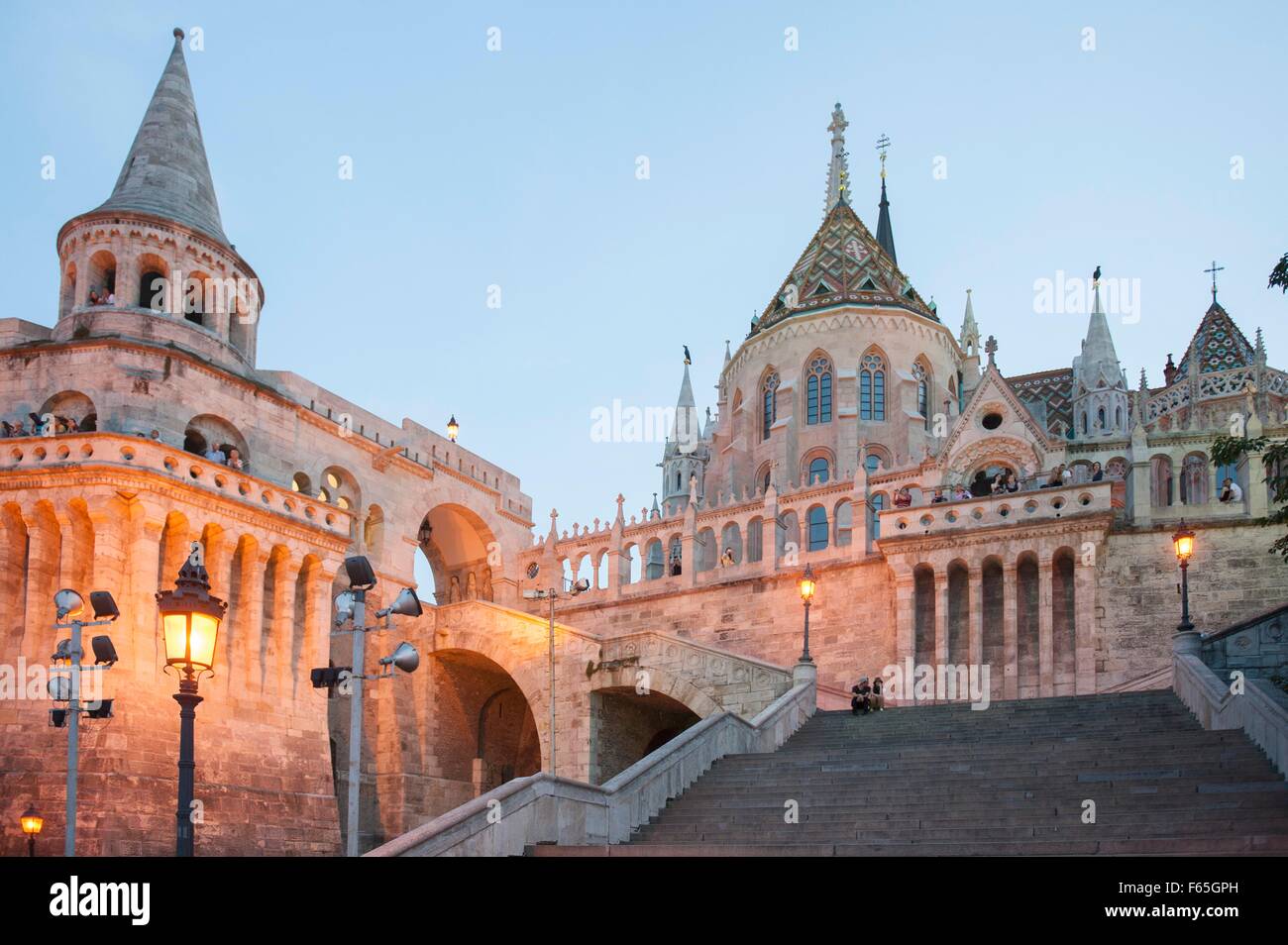 The fishermen's bastion at dusk, constructed between 1895 and 1902 in the neo-romantic style, Budapest, Hungary Stock Photo