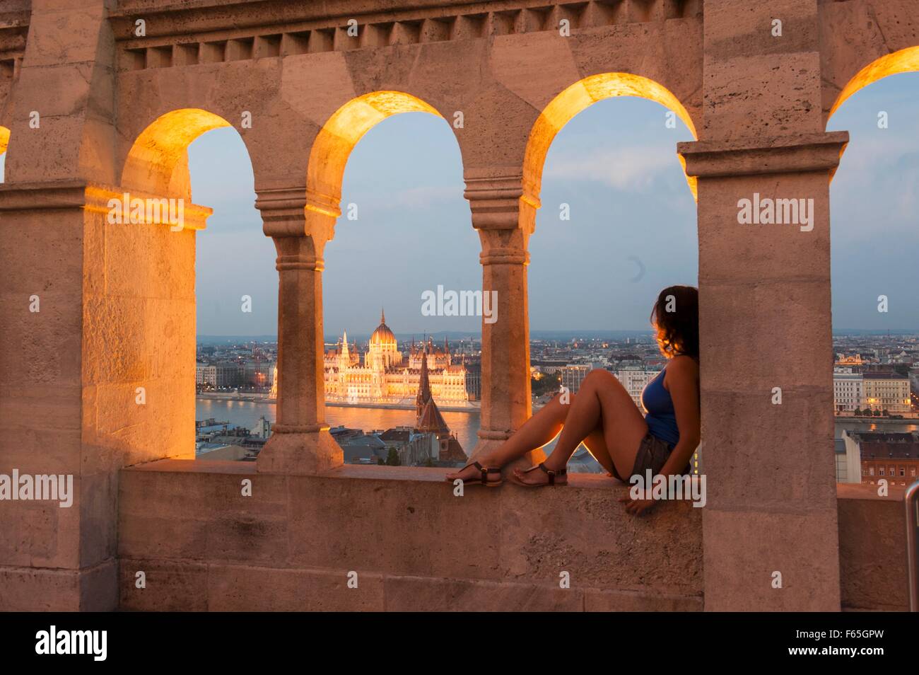 View from the Fisherman's Bastion of the illuminated parliament building in Budapest, Hungary Stock Photo