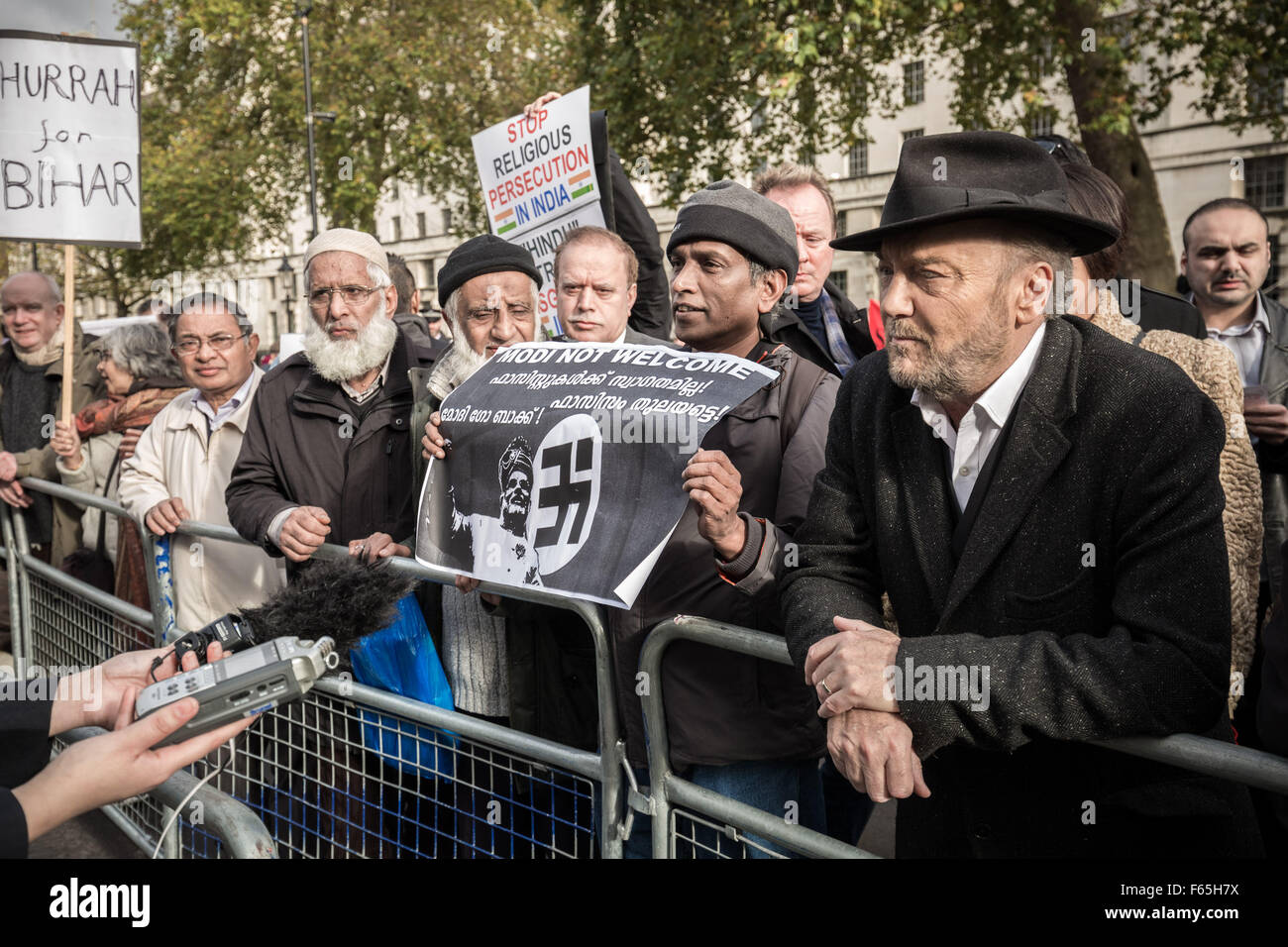 London, UK. 12th November, 2015. George Galloway joins the anti-Modi protests opposite Downing Street against UK state visit of Narendra Modi the President of India Credit:  Guy Corbishley/Alamy Live News Stock Photo