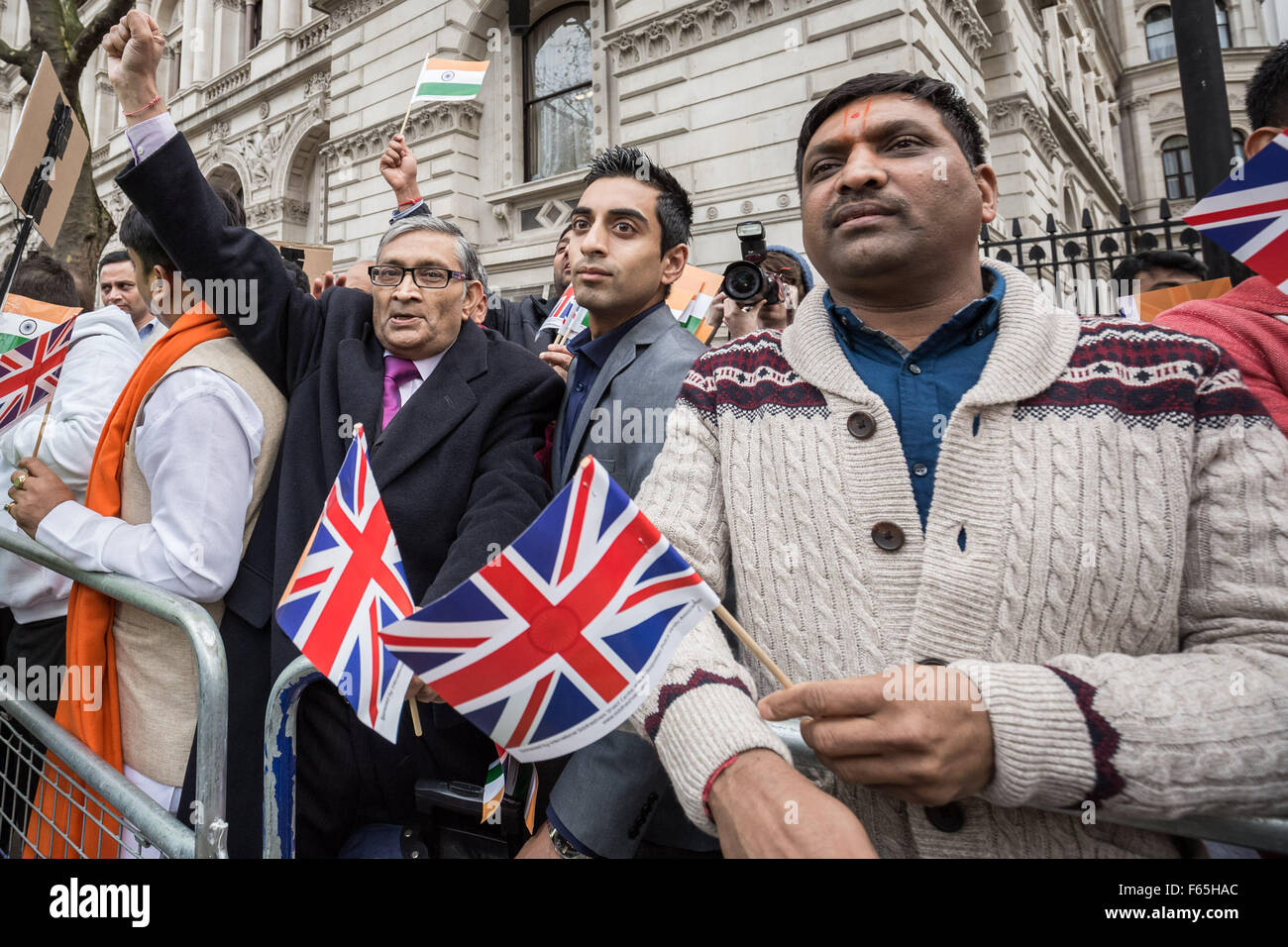 London, UK. 12th November, 2015. Pro-Modi supporters outside Downing Street welcoming the UK state visit of Narendra Modi the President of India Credit:  Guy Corbishley/Alamy Live News Stock Photo
