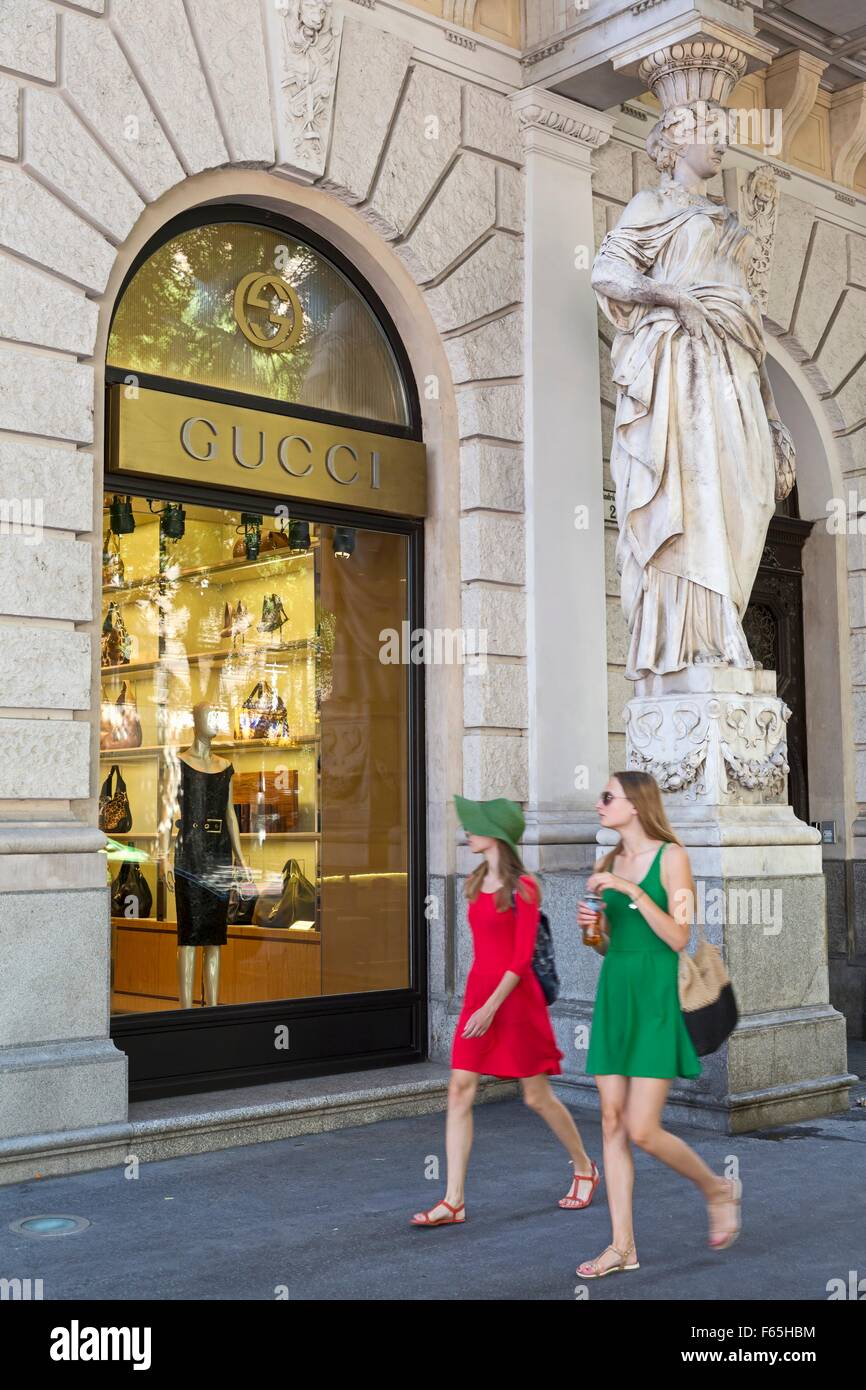 The magnificent boulevard Andrássy út, Budapest, Hungary – passers-by in  front of the Gucci flagship store Stock Photo - Alamy