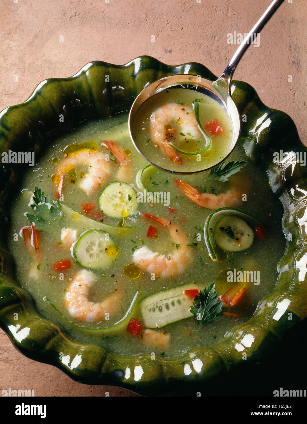 Cucumber,tomato and Dublin Bay prawn soup Stock Photo