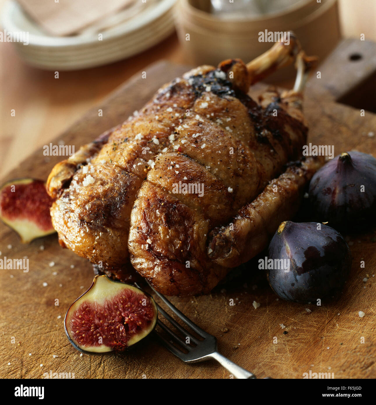 Duckling stuffed with figs and duck foie gras Stock Photo