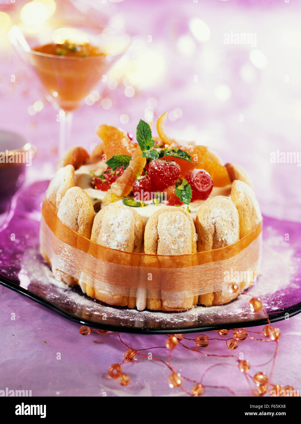 ice cream, nougat and candied fruit charlotte Stock Photo