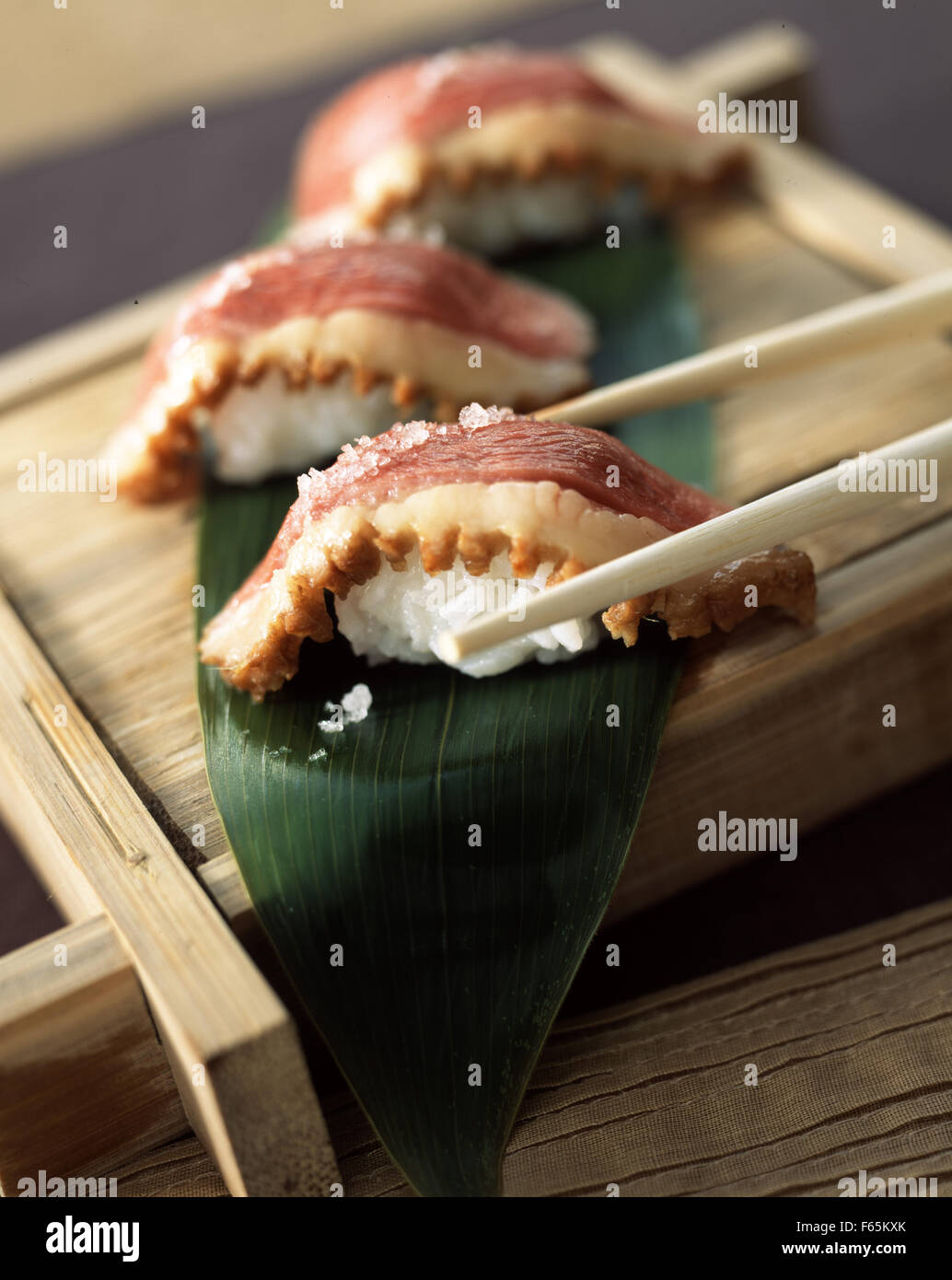 Duck sushis with apple juice Stock Photo