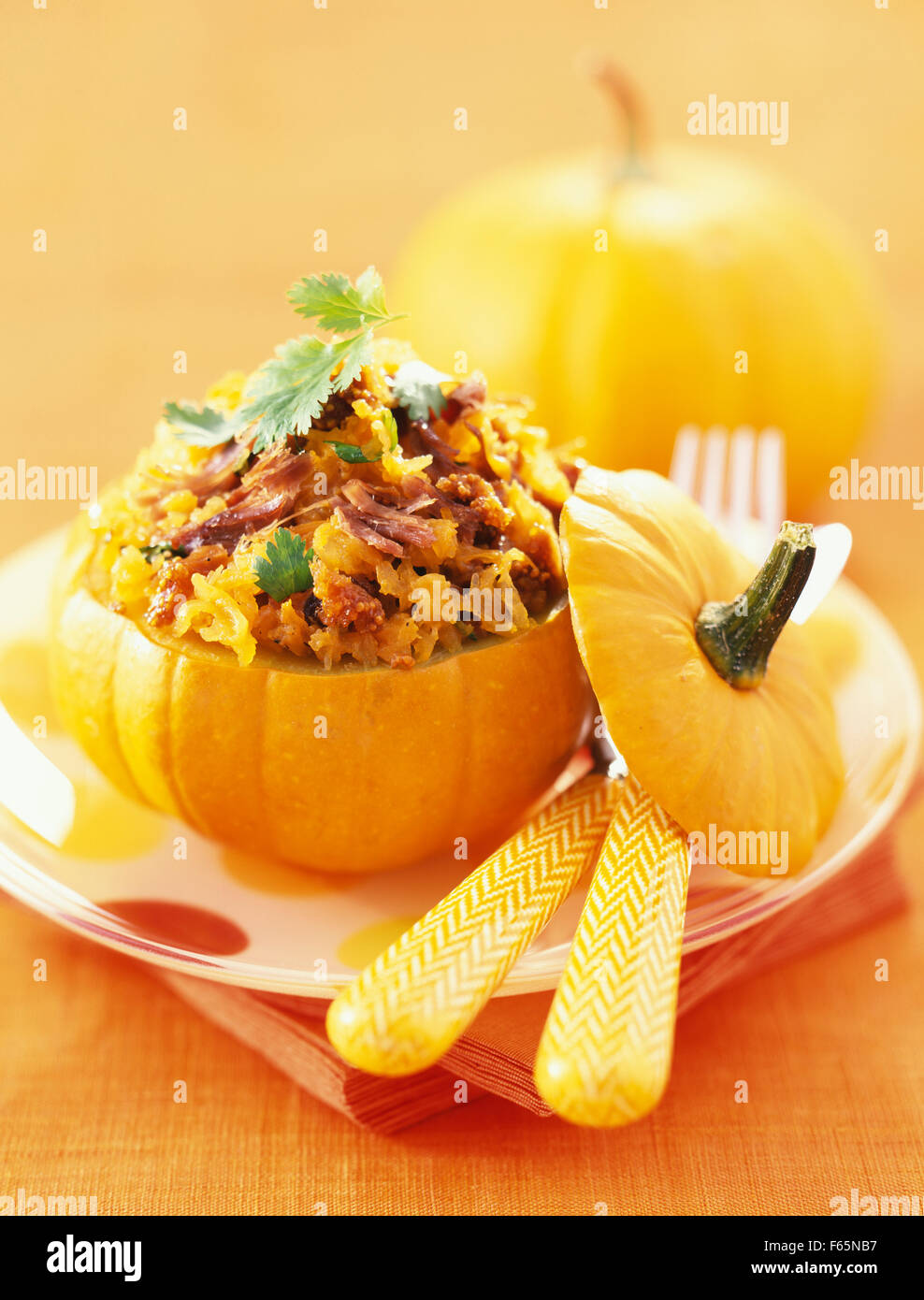 baby pumpkin stuffed with duck confit Stock Photo