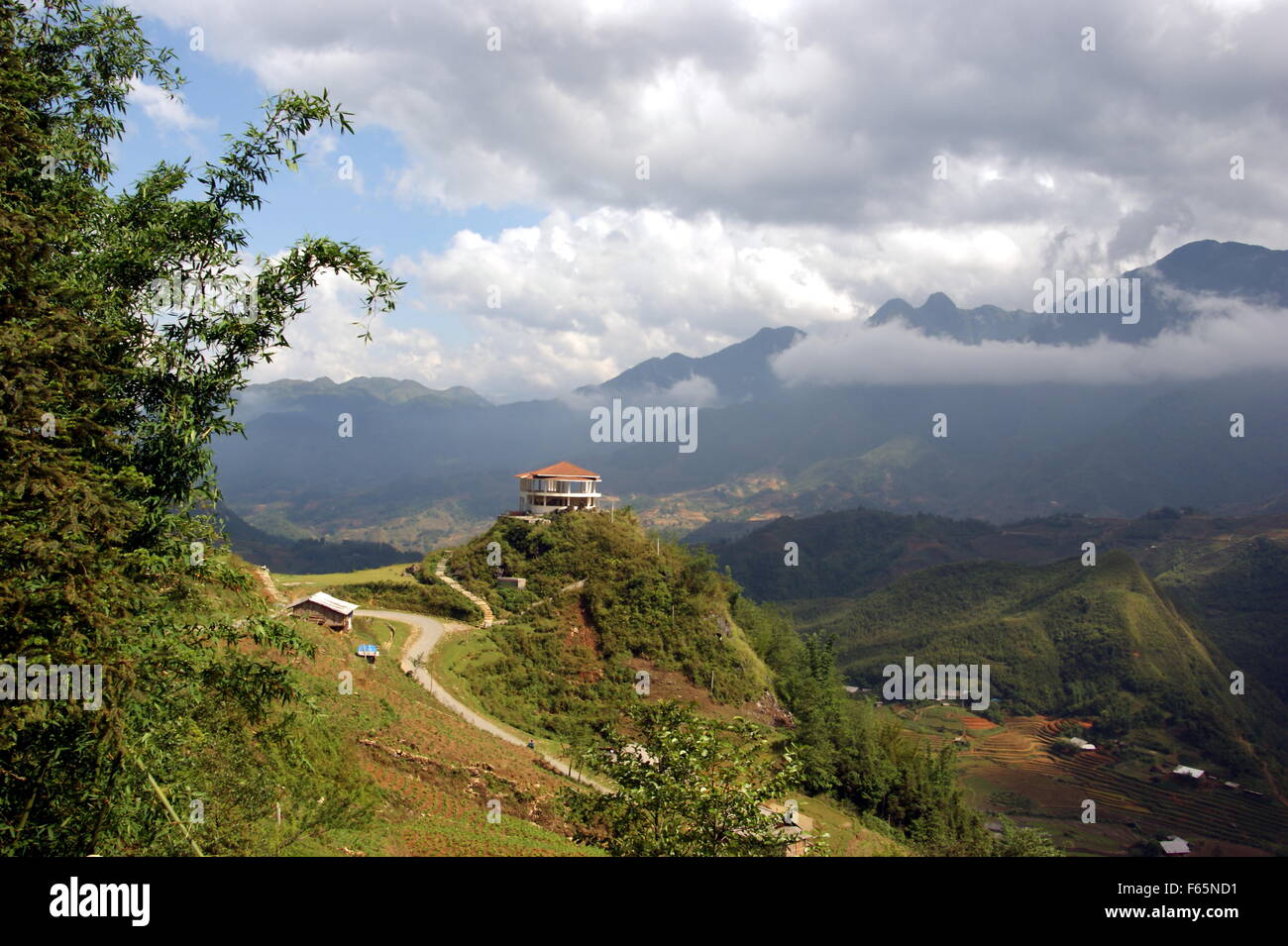 Beautiful mountain landscape with the house. Cat Cat Village in the Muong Hoa valley near Sapa, Lao Cai Province, Vietnam, Asia Stock Photo