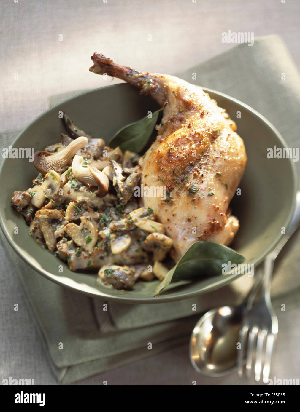 Rabbit and mushrooms with mustard sauce Stock Photo