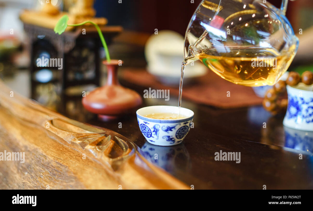A cup of whole leaf lapsang souchong tea, a rich smoky flavored tea