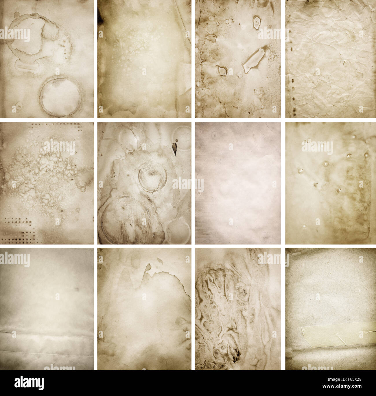 Set of grunge recycled parchment with stains, paper texture Stock Photo