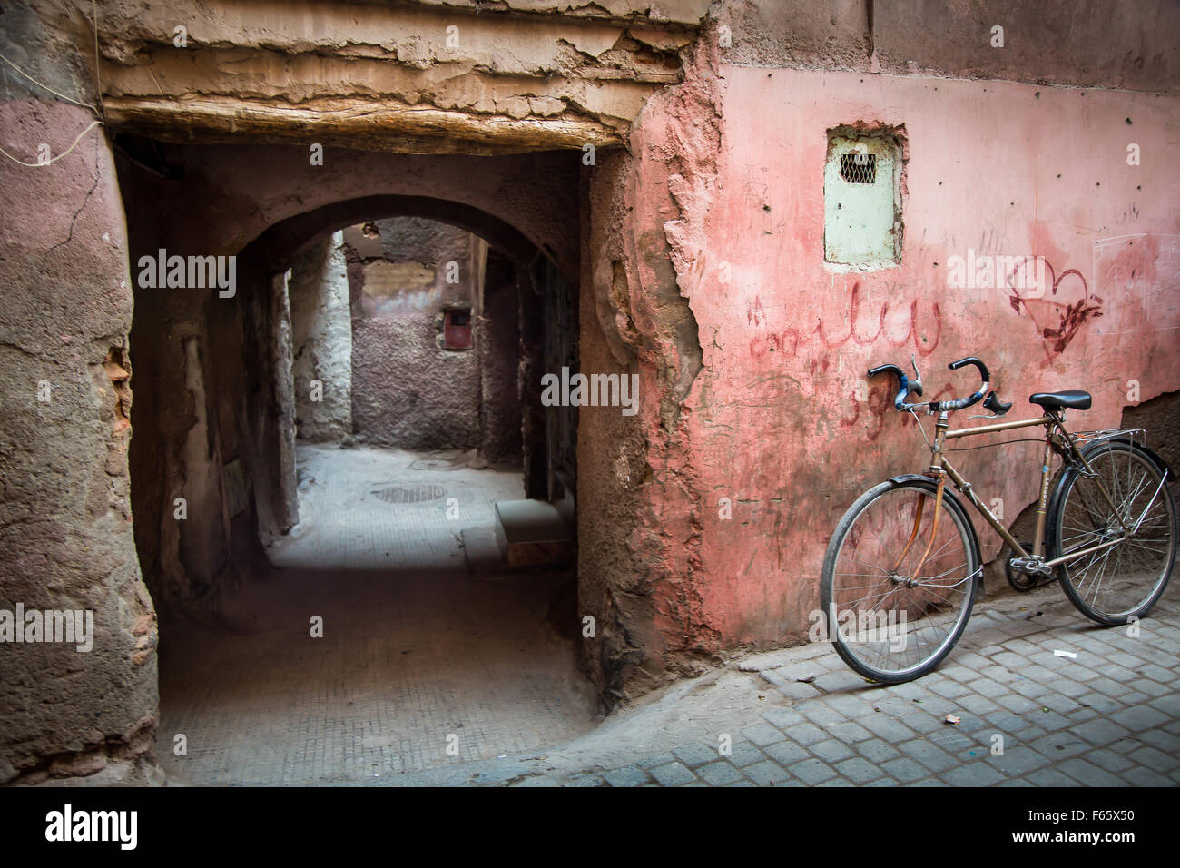 Typical very old street in the Marrakech Medina Stock Photo