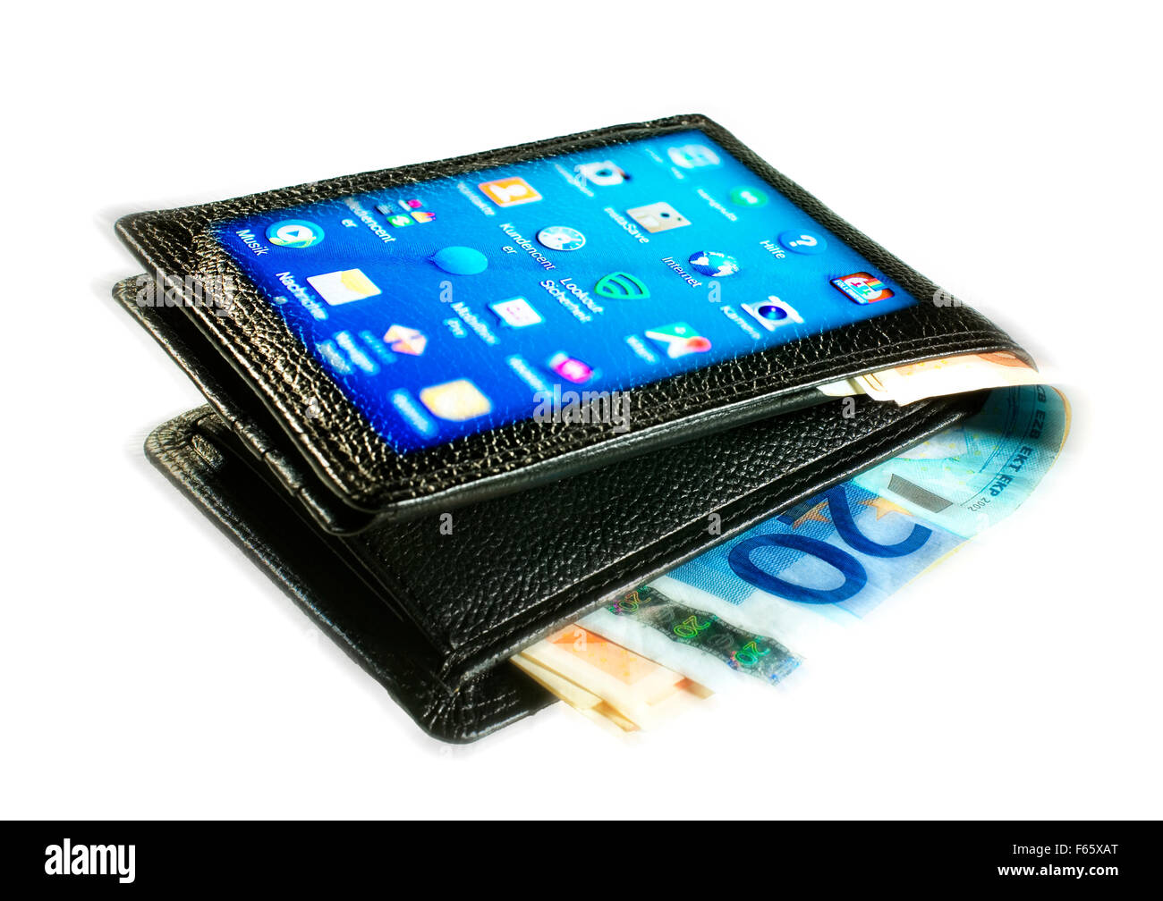 Wallet with display of a smart phone Digital Composite (DC) Stock Photo