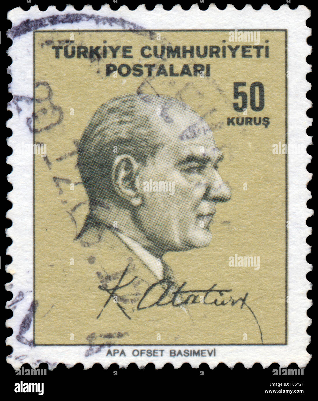 TURKEY - CIRCA 1965: Stamp printed in Turkey shows portrait of Mustafa Kemal Ataturk, circa 1965 Stock Photo