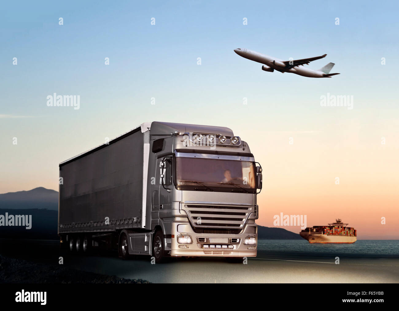 Transport by truck, ship and aircraft Digital Composite (DC) Stock Photo