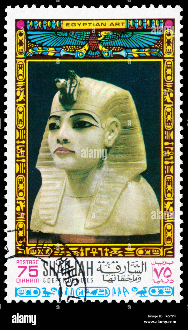 SHARJAH CIRCA 1968 Stamp printed Sharjah shows the king's head from