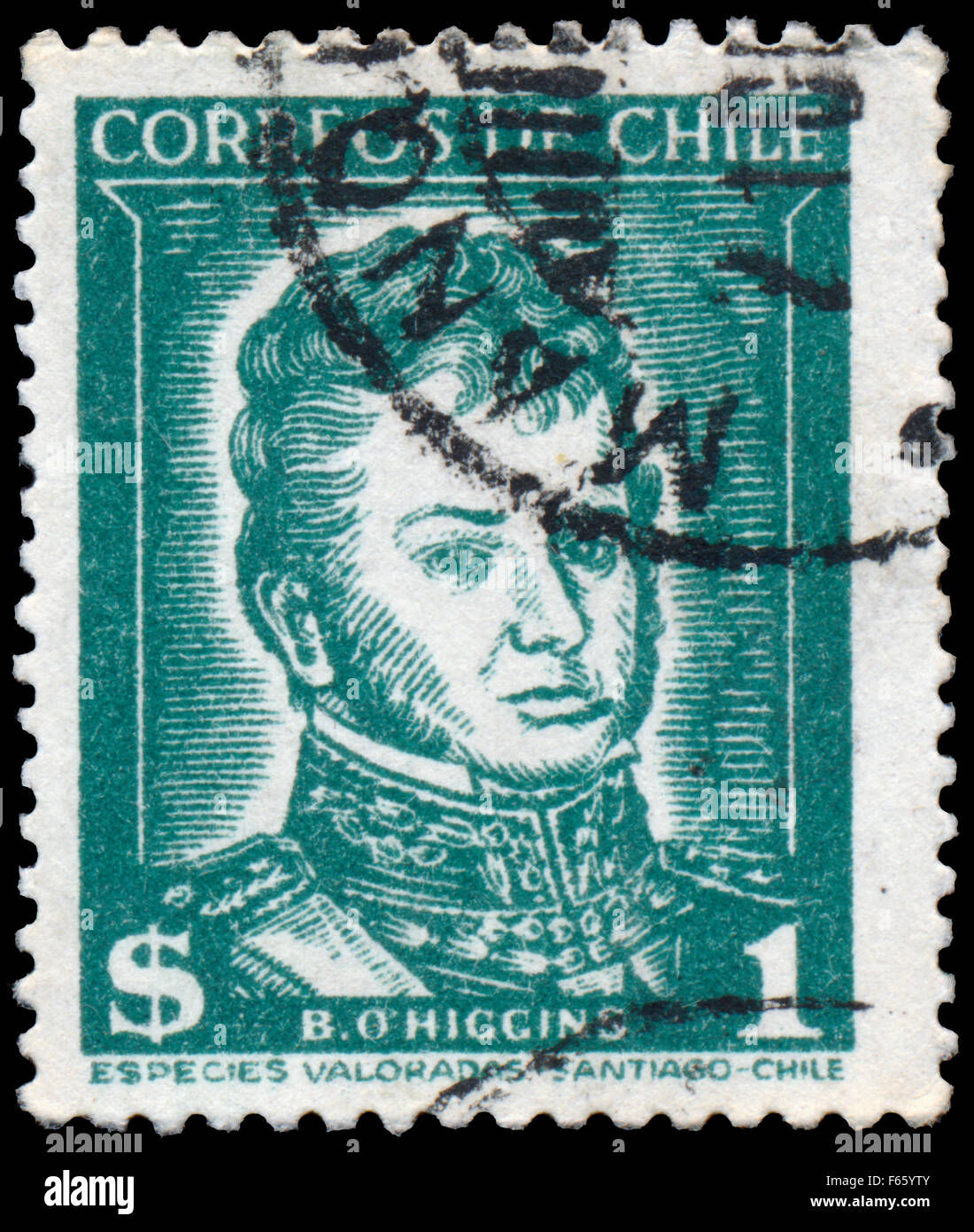 CHILE - CIRCA 1952: Stamp printed in Chile shows portrait of Bernardo O'Higgins (1776-1842) Chilean independence leader, circa 1 Stock Photo