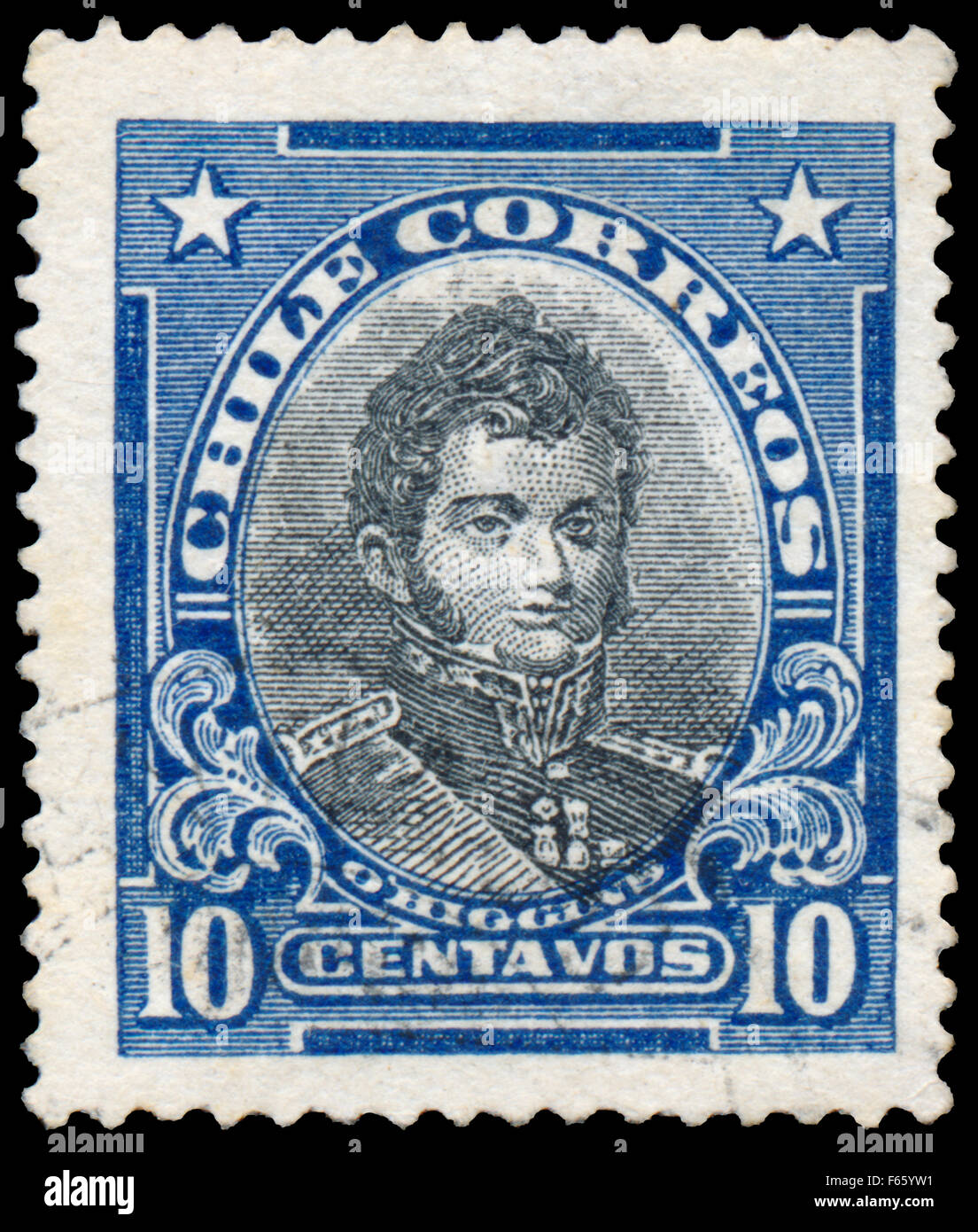 CHILE - CIRCA 1928: Stamp printed in Chile shows portrait of Bernardo O'Higgins (1776-1842) Chilean independence leader, circa 1 Stock Photo
