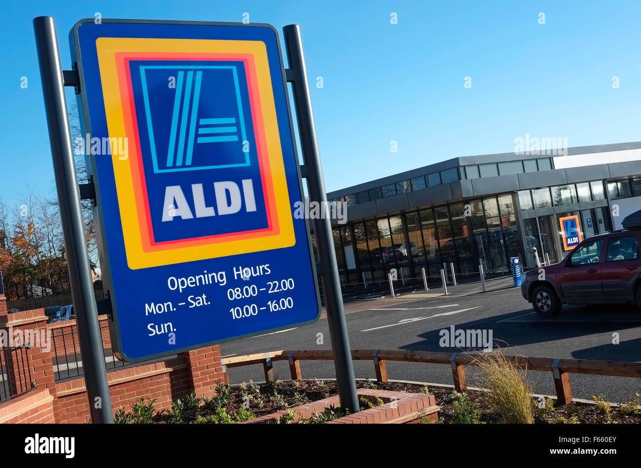 new aldi supermarket sign, fakenham, norfolk, england Stock Photo