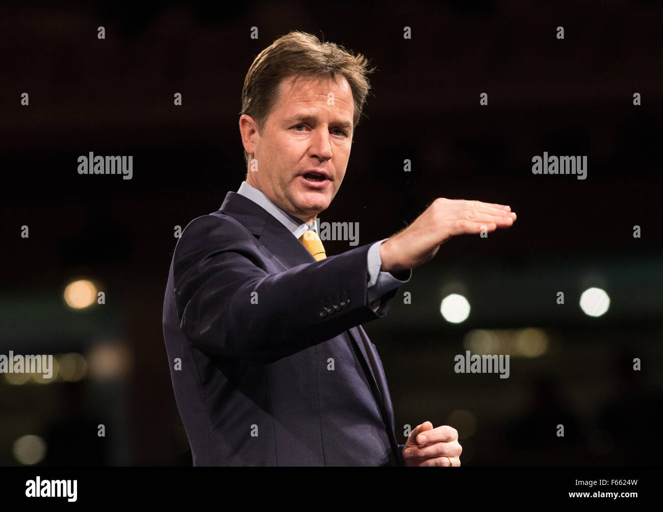 Former Liberal Democrat leader,Nick Clegg,talks at a conference in London Stock Photo