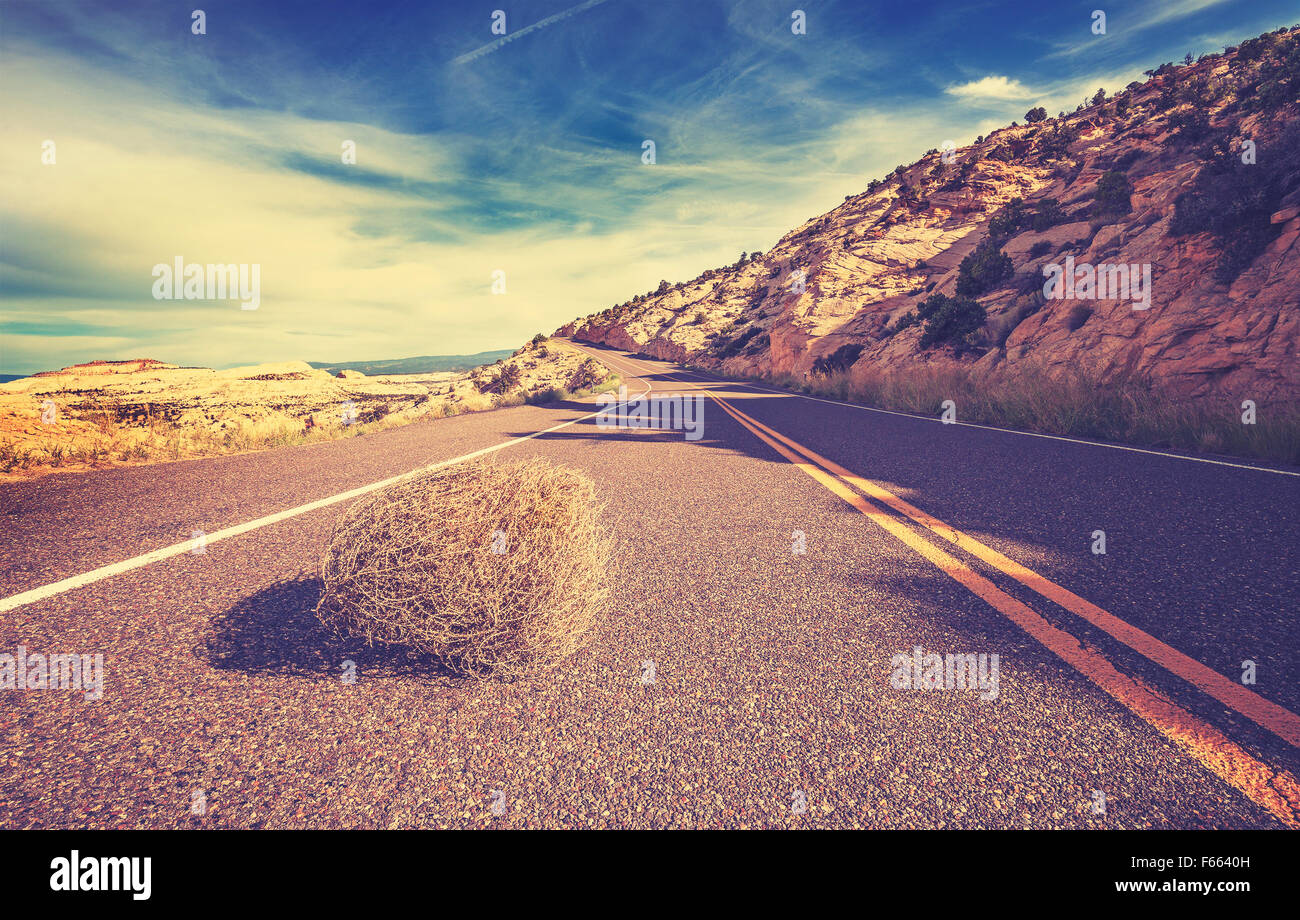 Vintage toned tumbleweed on empty road, travel concept picture. Stock Photo