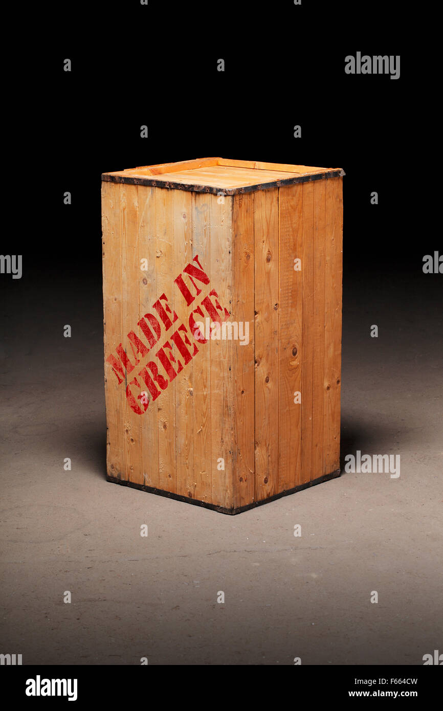 Old wooden crate with text Made in Greece. Stock Photo