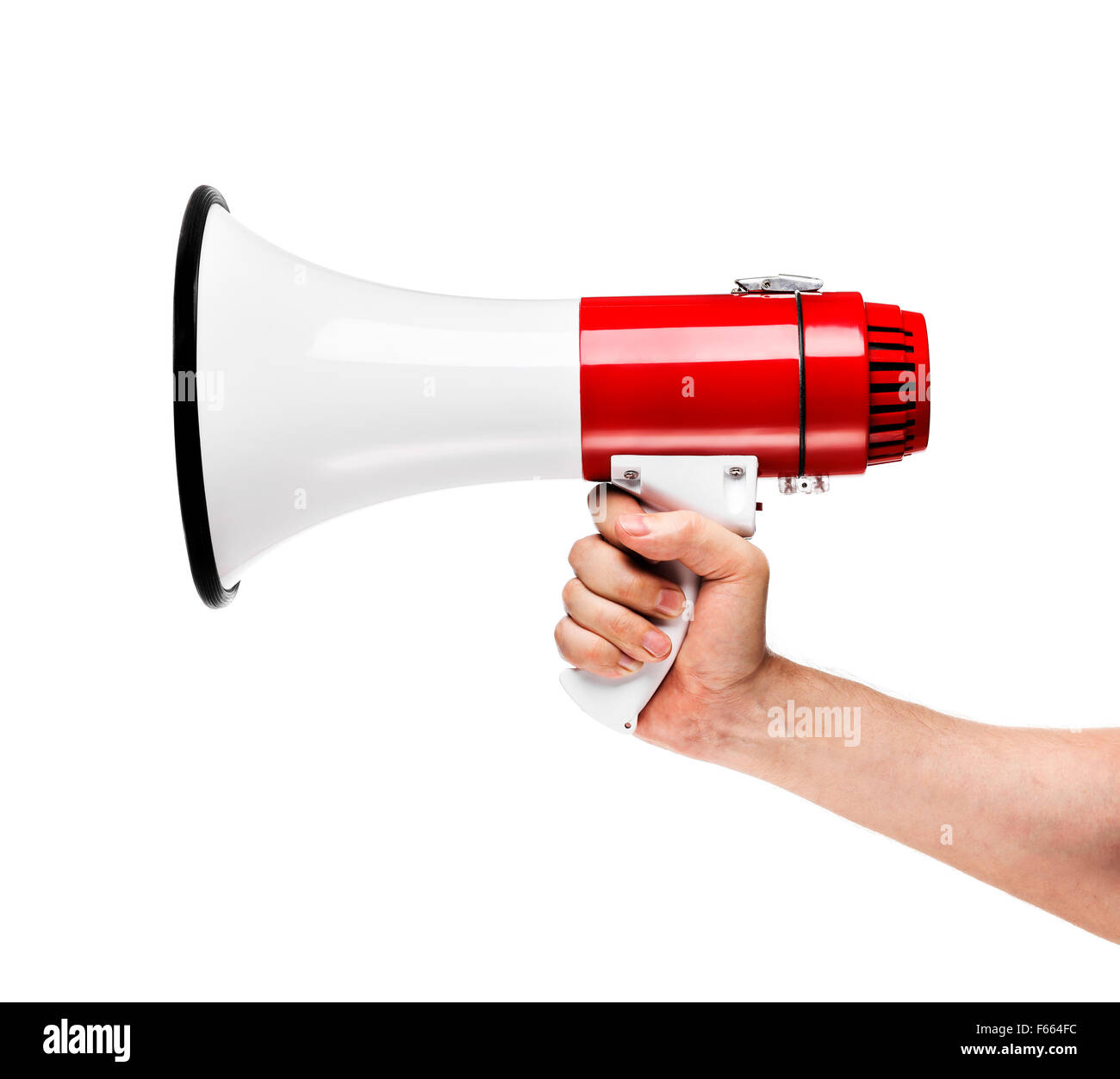 Man holding a white and red megaphone in his hand. Stock Photo