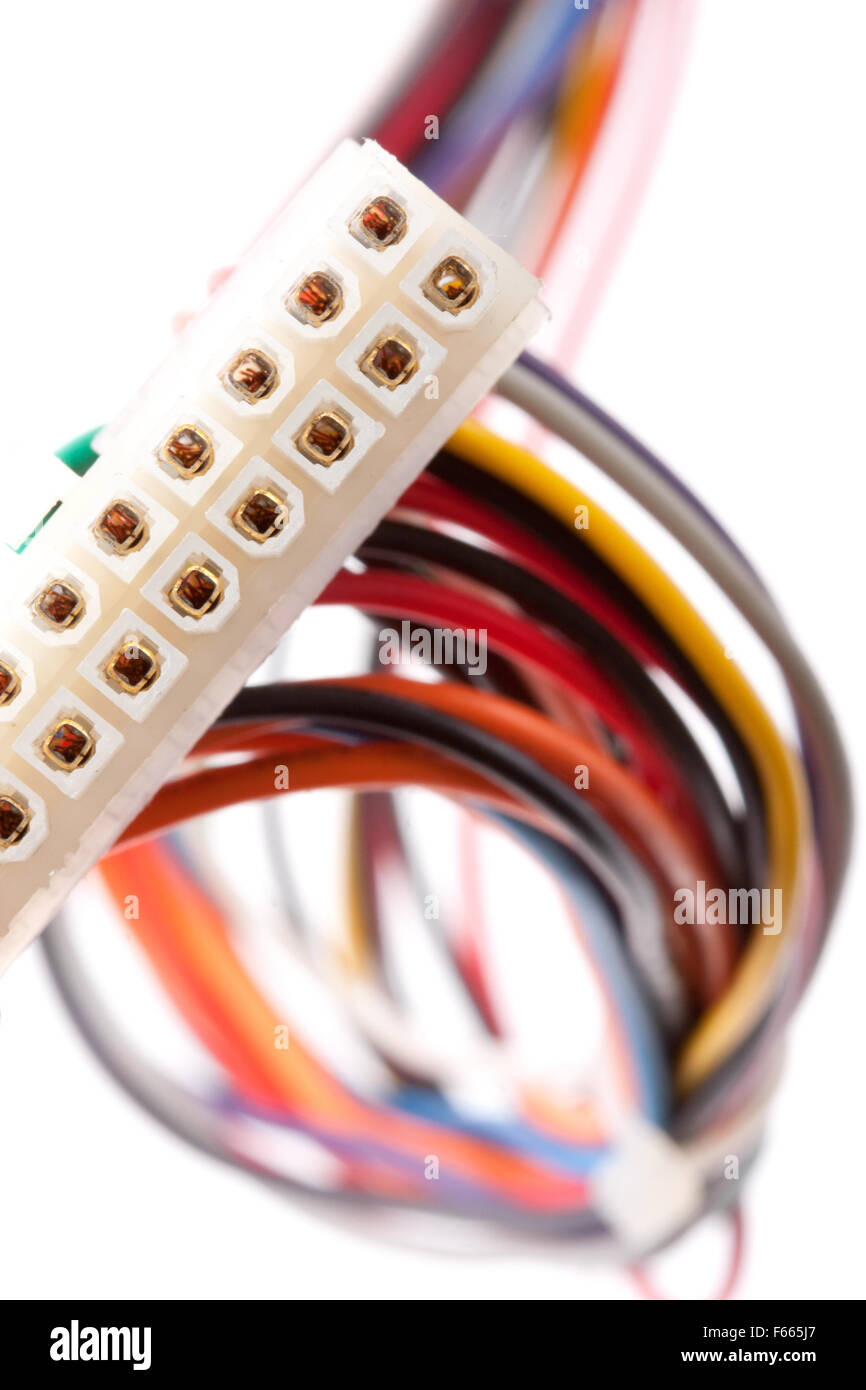 Close-up of electrical plug with colorful cables. Isolated on white ...