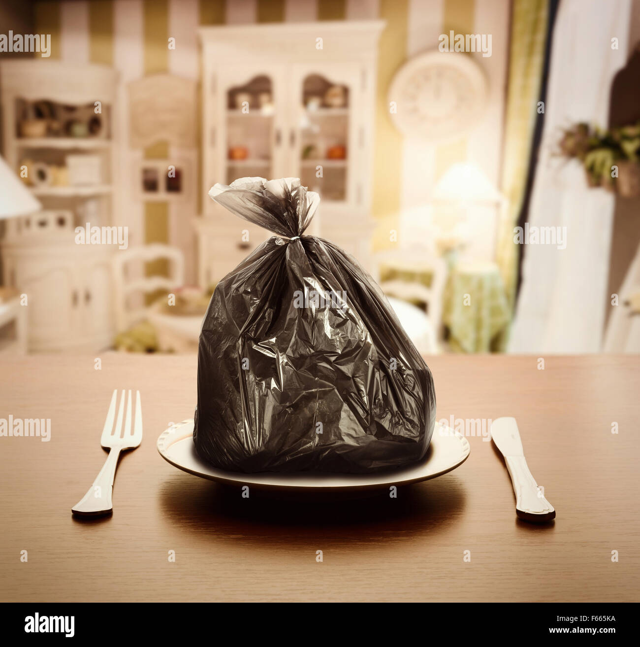 Garbage package on the plate in luxury appartment Stock Photo