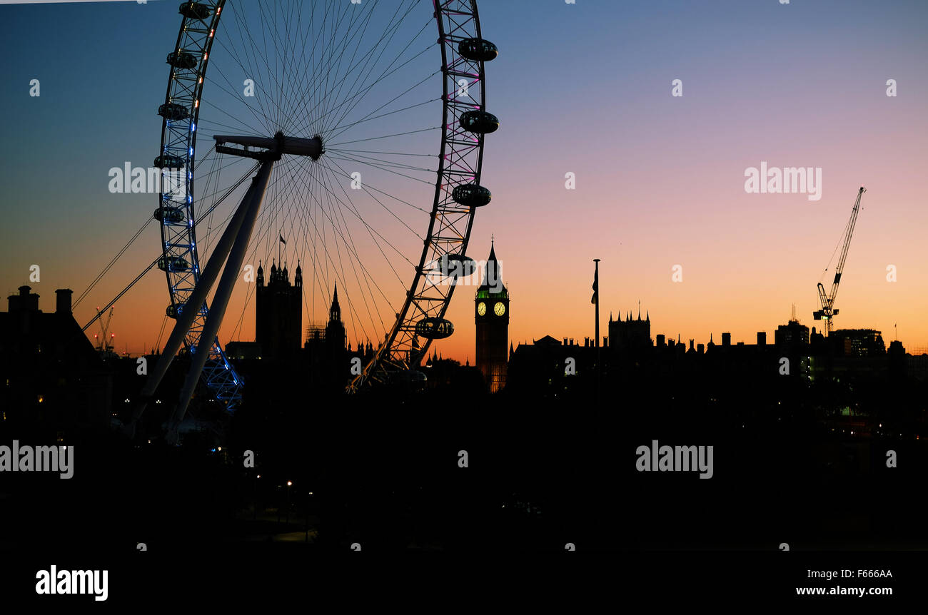 London Southbank Skyline at Sunset with landmarks in silhouette Stock Photo