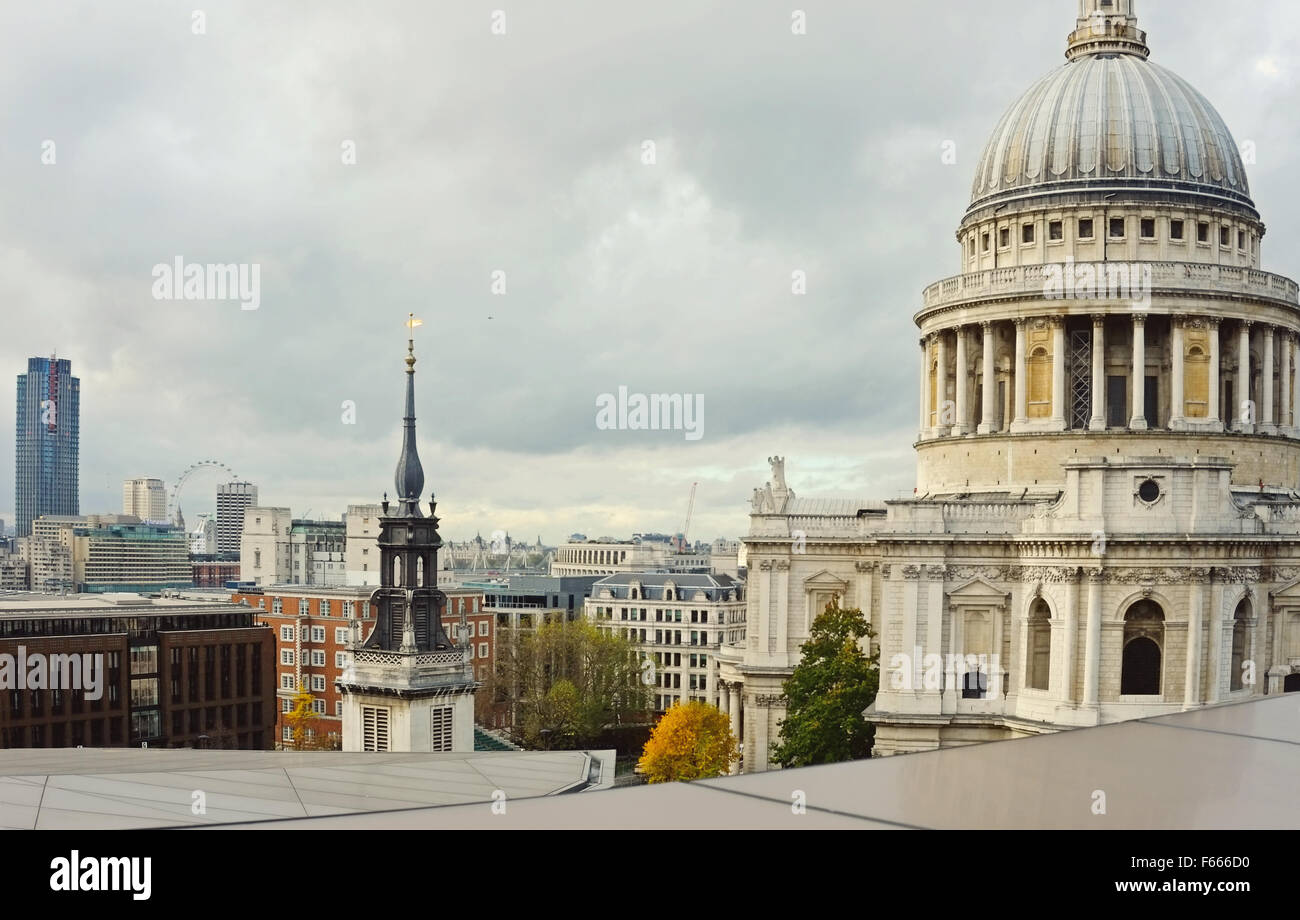 London City Skyline and St Pauls against stormy sky, from the roof terrace of One New Change, Cheapside Stock Photo