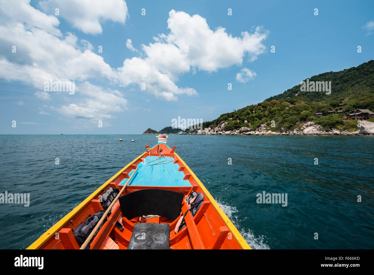 Bow of longtail boat in sea, island of Koh Tao, Gulf of Thailand, Thailand Stock Photo