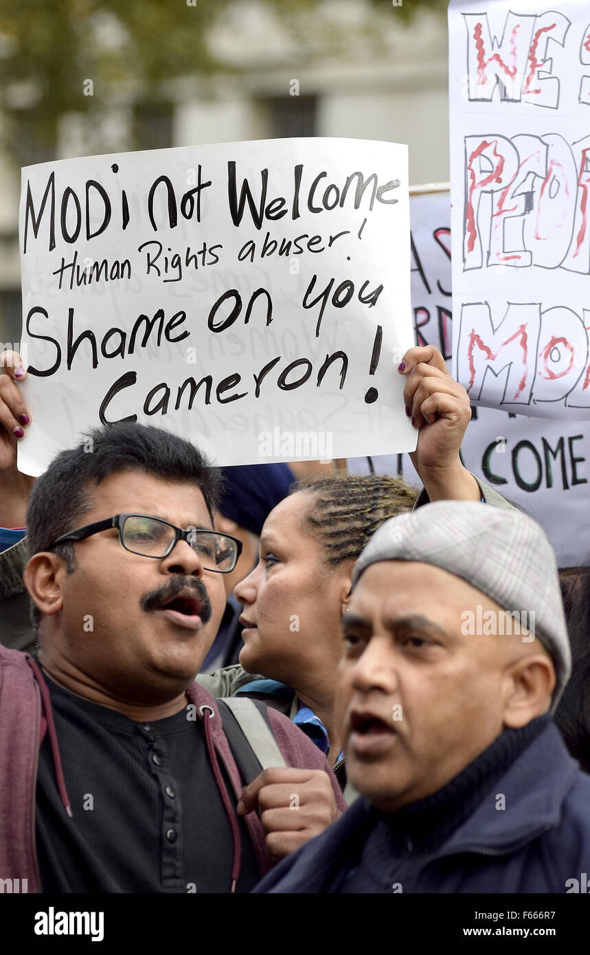 London 12th November 2015. Protesters gather outside Downing Street as Indian Prime Minister Narenda Modi arrives in the UK for a three day visit. Credit:  PjrNews/Alamy Live News Stock Photo