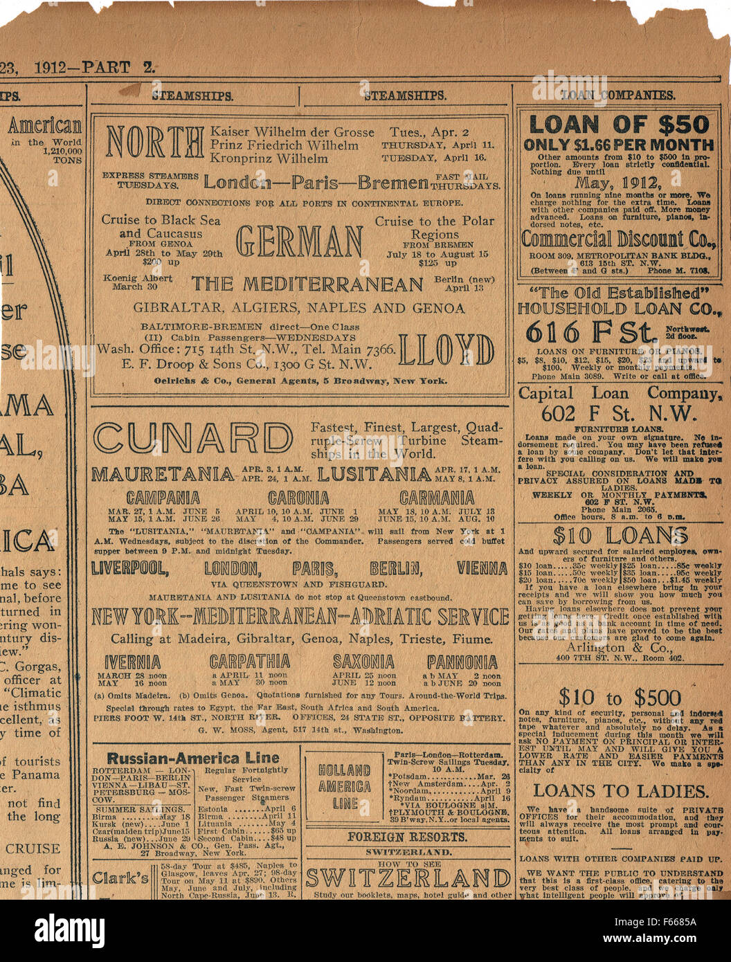 Cunard Carpathia, Lusitania, Mauretania & others Sailing times news advert clipping 1912 Stock Photo