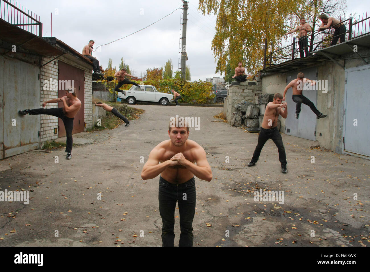 Street fighter practicing Karate in garage boondocks Stock Photo Alamy