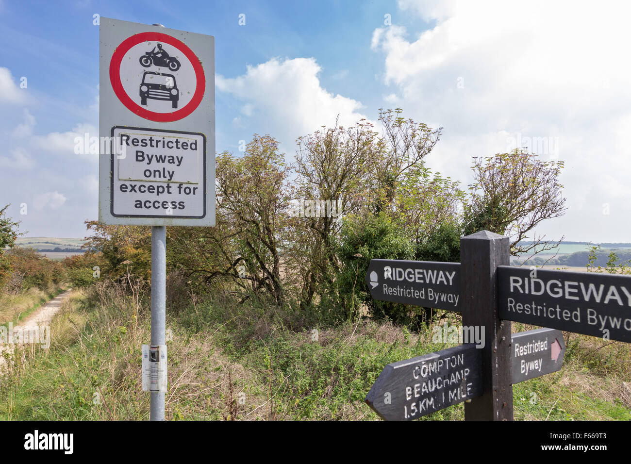 Restricted Byway signs on the Ridgeway long distance footpath near Uffington hill, Oxfordshire, England, UK Stock Photo