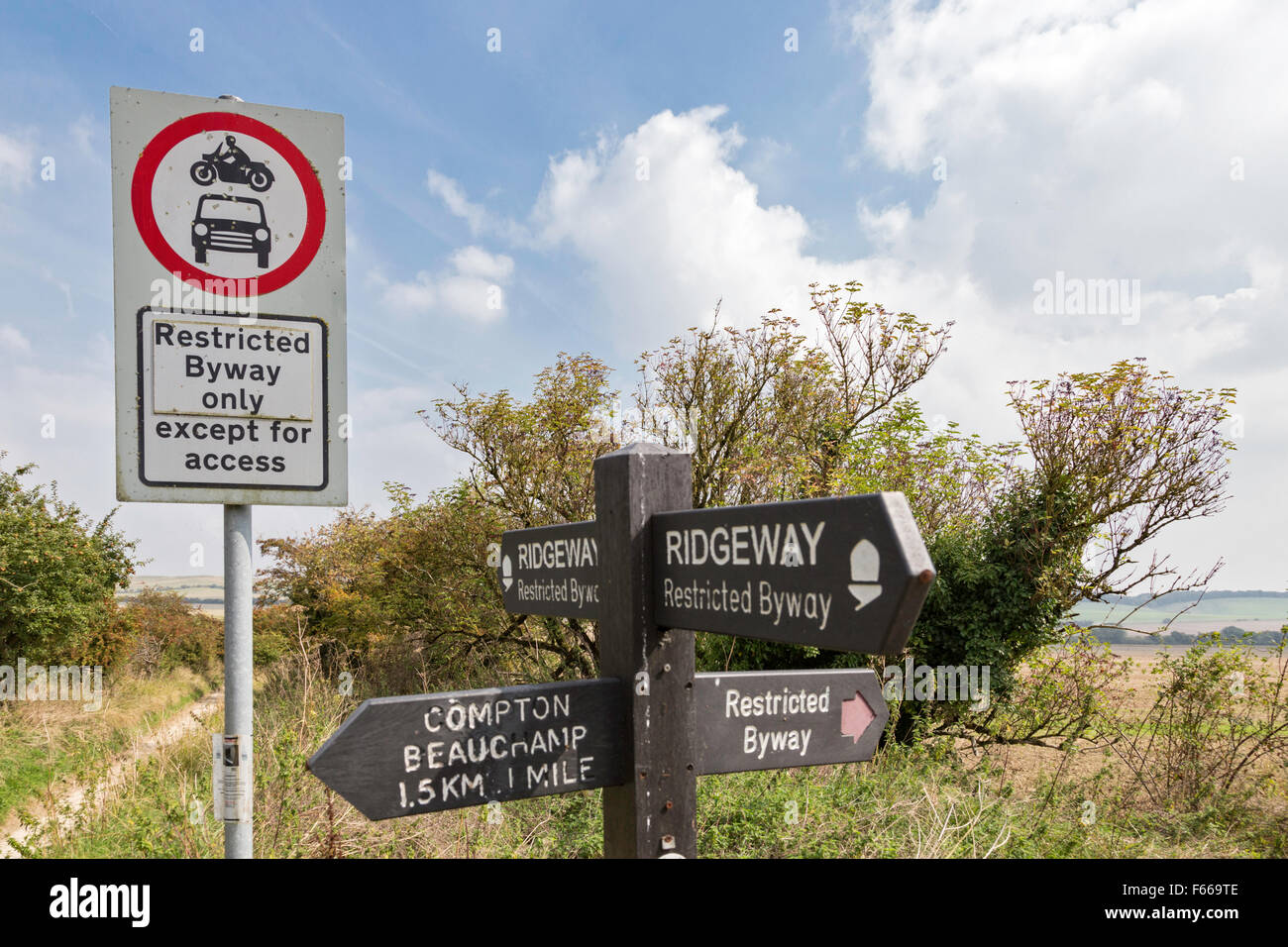 Restricted Byway signs on the Ridgeway long distance footpath near Uffington hill, Oxfordshire, England, UK Stock Photo