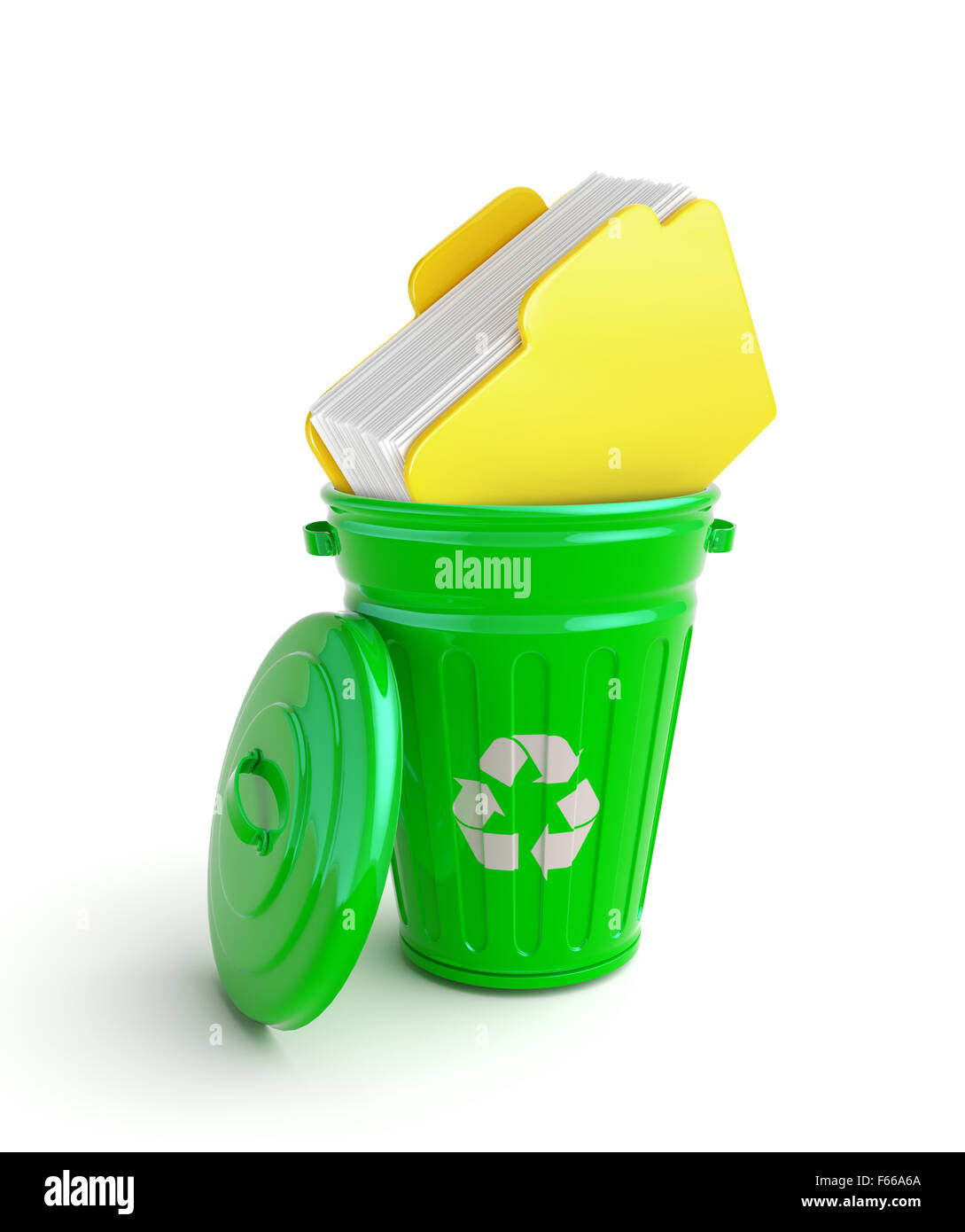 Green garbage bin with documents Stock Photo